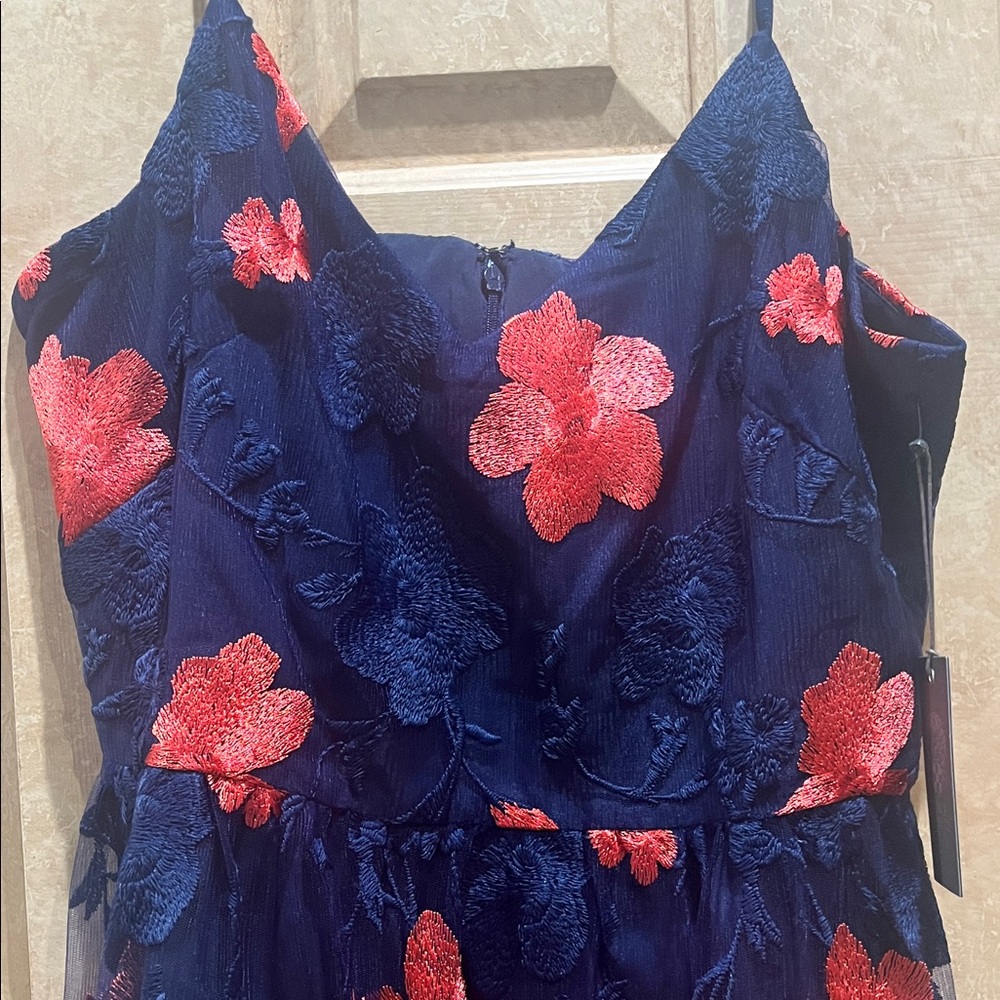 NWT Vince Camuto Navy and Coral Lace Floral Mesh Overlay Dress - Picture 3 of 7